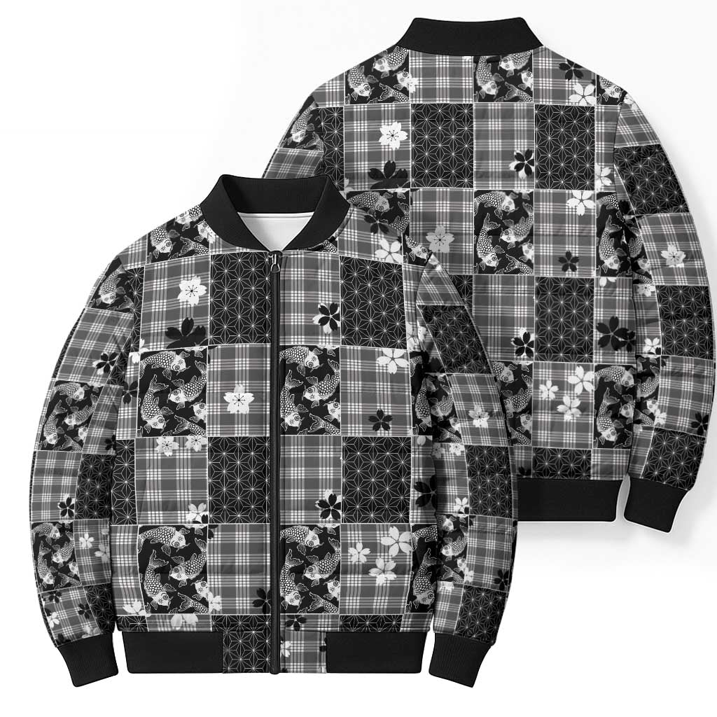 Black Palaka Japanese Patterns Bomber Puffer Jacket Koi Fish Asanoha Sakura Patchwork Stylized - Polynesian Pride