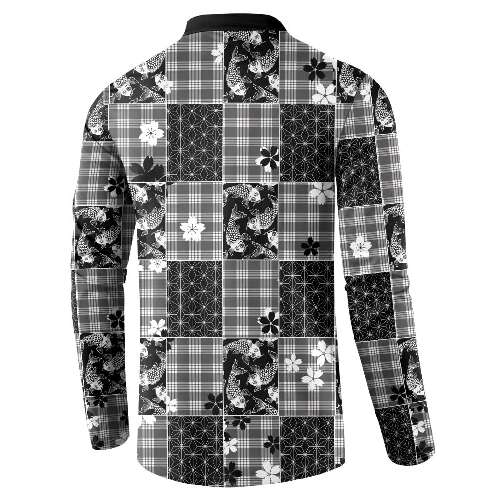 Black Palaka Japanese Patterns Button Sweatshirt Koi Fish Asanoha Sakura Patchwork Stylized LT14 - Polynesian Pride