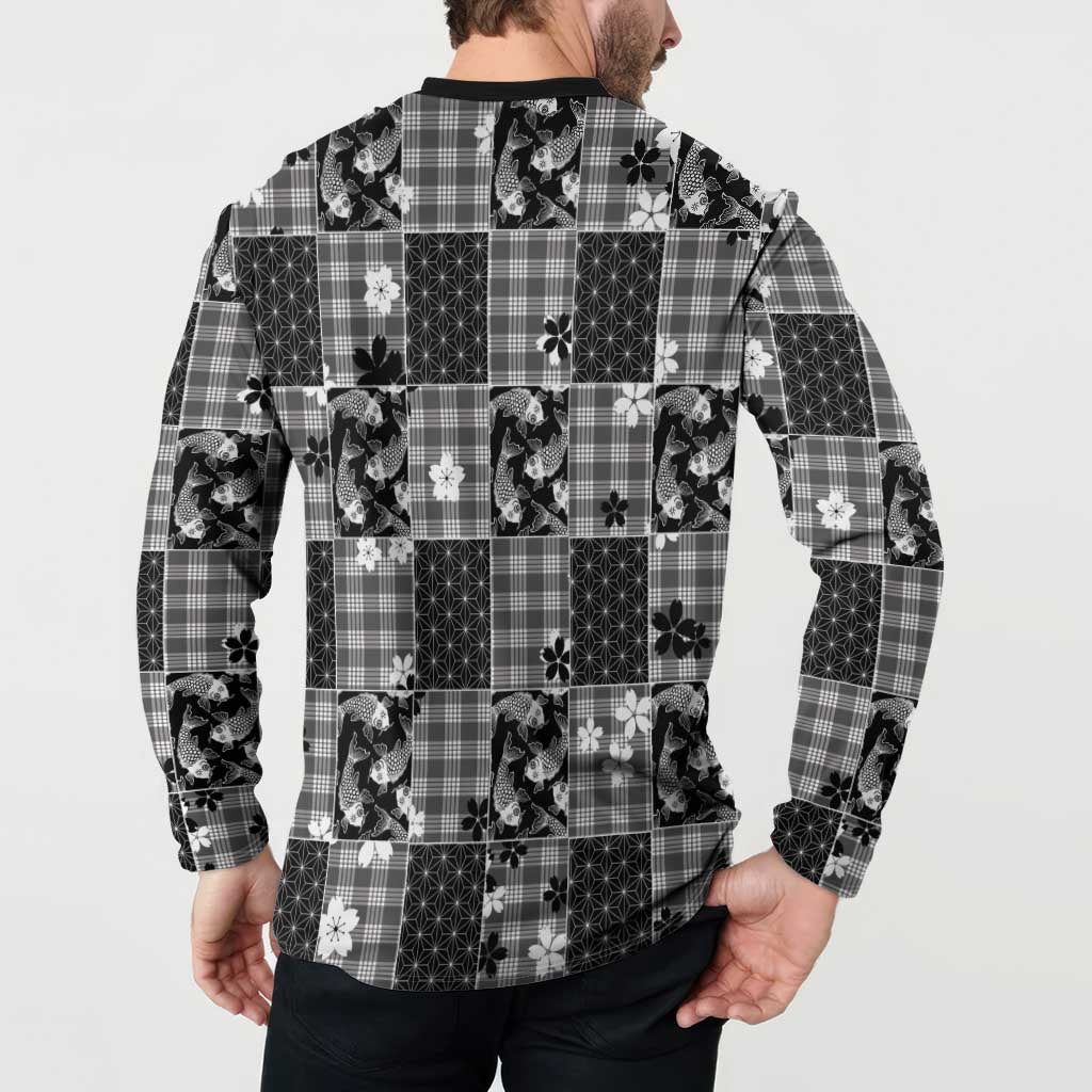 Black Palaka Japanese Patterns Button Sweatshirt Koi Fish Asanoha Sakura Patchwork Stylized LT14 - Polynesian Pride