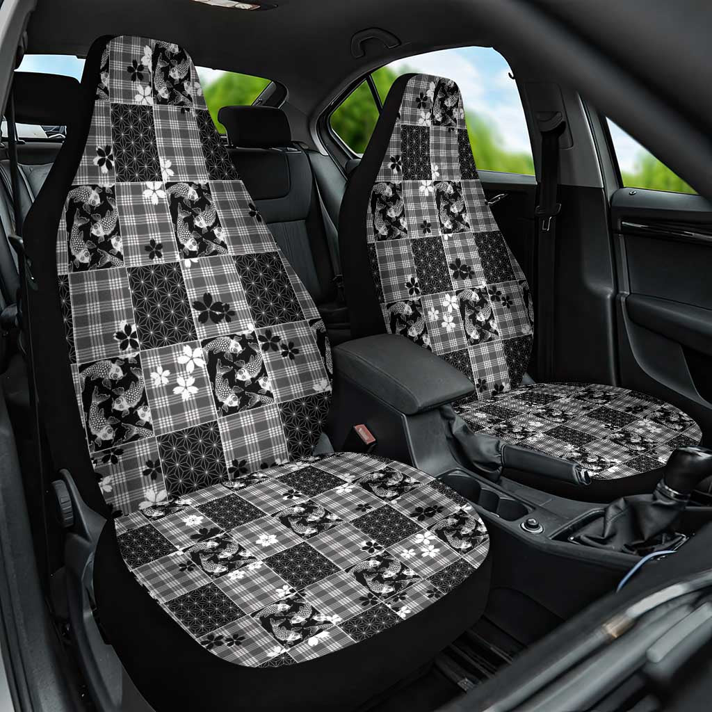 Black Palaka Japanese Patterns Car Seat Cover Koi Fish Asanoha Sakura Patchwork Stylized - Polynesian Pride