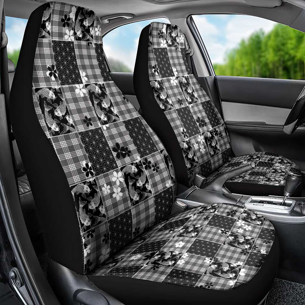 Black Palaka Japanese Patterns Car Seat Cover Koi Fish Asanoha Sakura Patchwork Stylized - Polynesian Pride