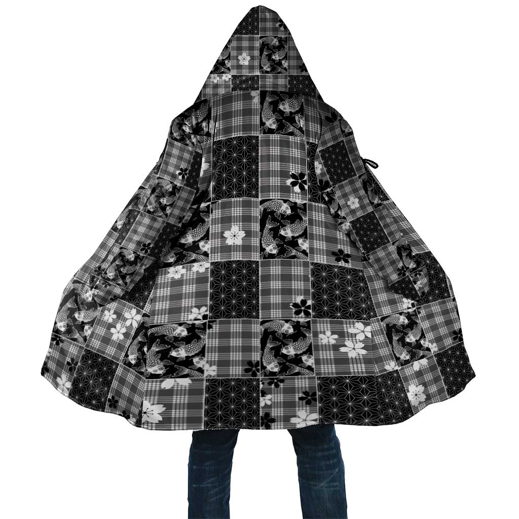Black Palaka Japanese Patterns Cloak Koi Fish Asanoha Sakura Patchwork Stylized - Polynesian Pride