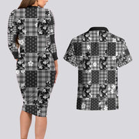 Black Palaka Japanese Patterns Couples Matching Long Sleeve Bodycon Dress and Hawaiian Shirt Koi Fish Asanoha Sakura Patchwork Stylized - Polynesian Pride