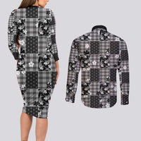 Black Palaka Japanese Patterns Couples Matching Long Sleeve Bodycon Dress and Long Sleeve Button Shirt Koi Fish Asanoha Sakura Patchwork Stylized - Polynesian Pride