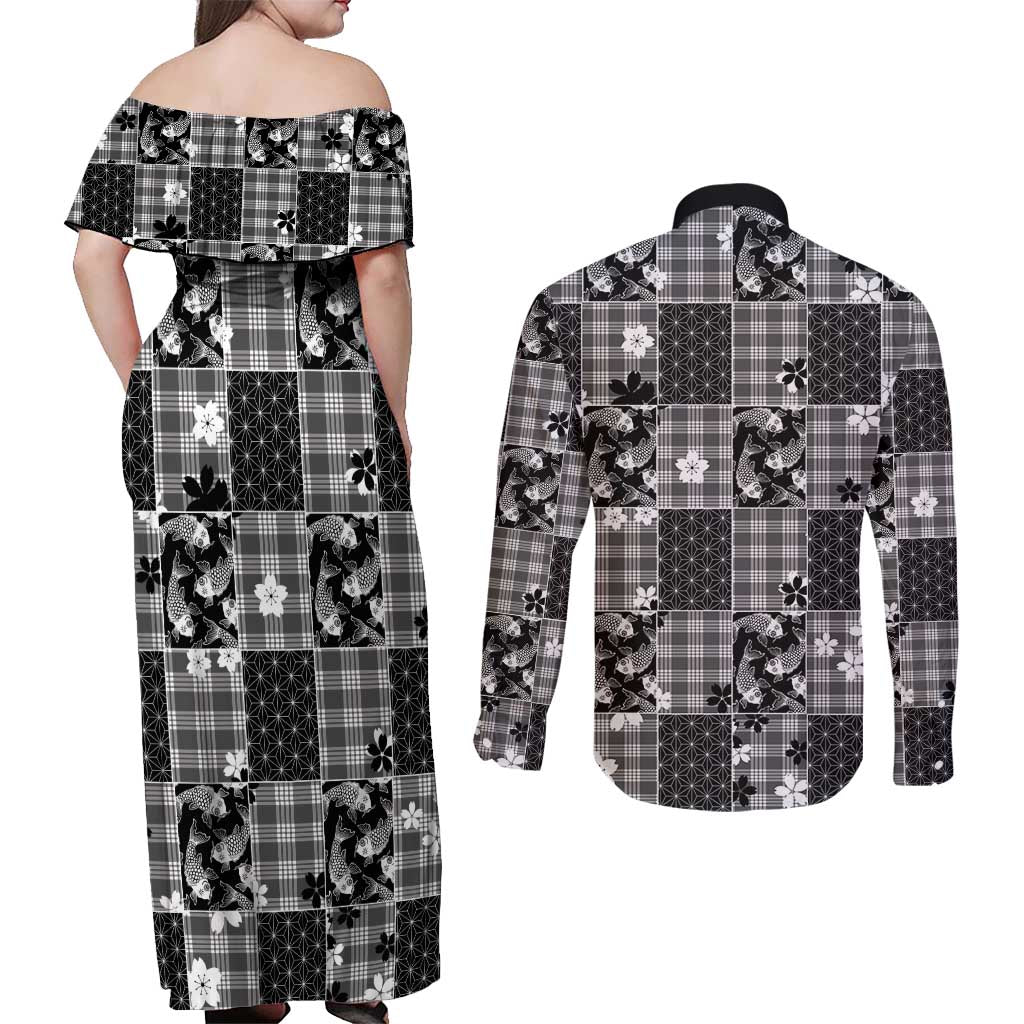 Black Palaka Japanese Patterns Couples Matching Off Shoulder Maxi Dress and Long Sleeve Button Shirt Koi Fish Asanoha Sakura Patchwork Stylized - Polynesian Pride