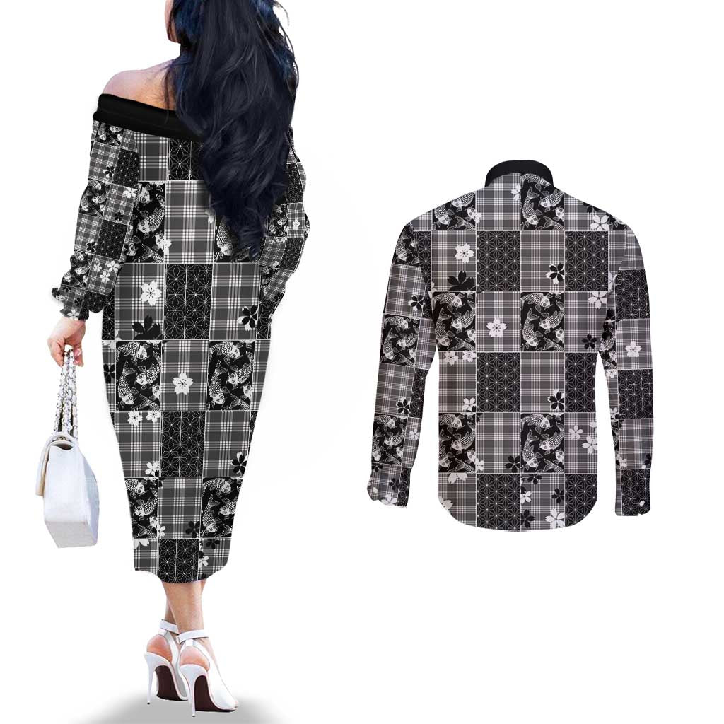 Black Palaka Japanese Patterns Couples Matching Off The Shoulder Long Sleeve Dress and Long Sleeve Button Shirt Koi Fish Asanoha Sakura Patchwork Stylized - Polynesian Pride