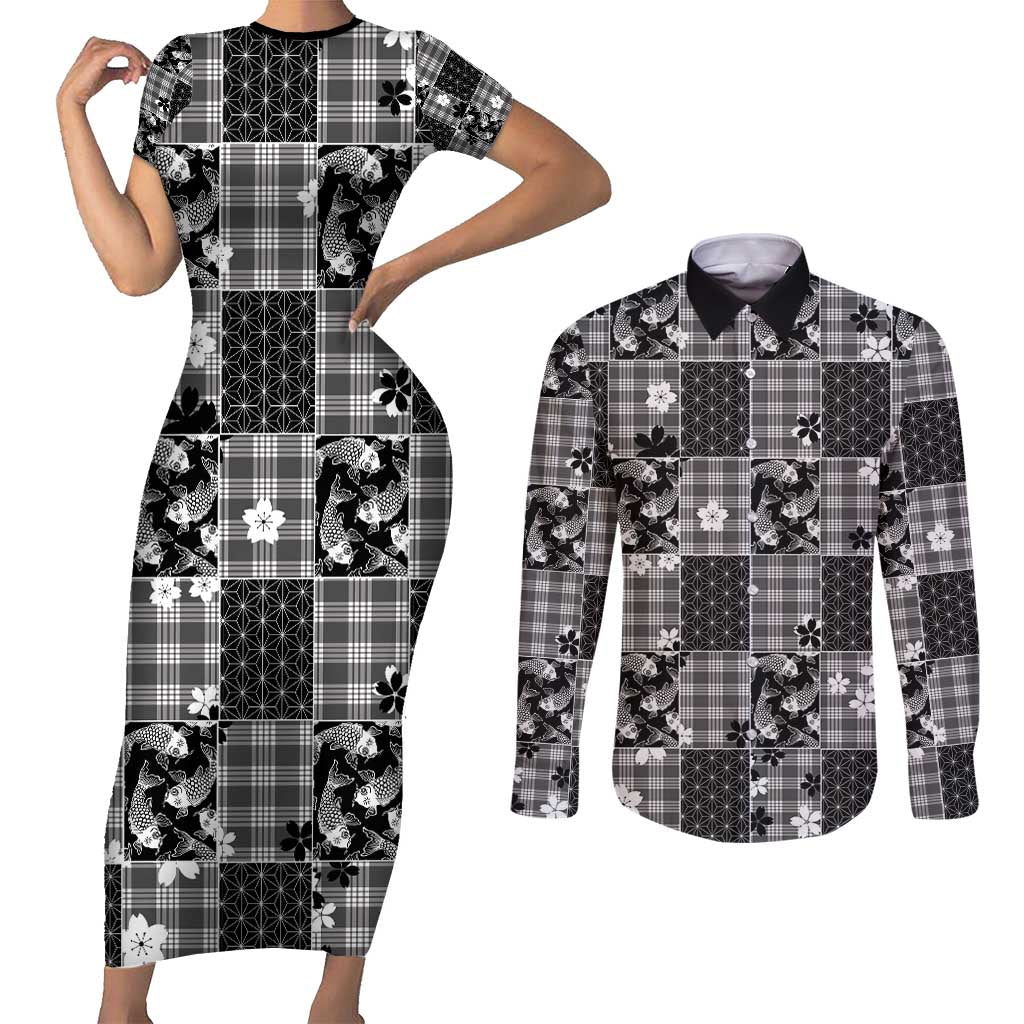 Black Palaka Japanese Patterns Couples Matching Short Sleeve Bodycon Dress and Long Sleeve Button Shirt Koi Fish Asanoha Sakura Patchwork Stylized - Polynesian Pride