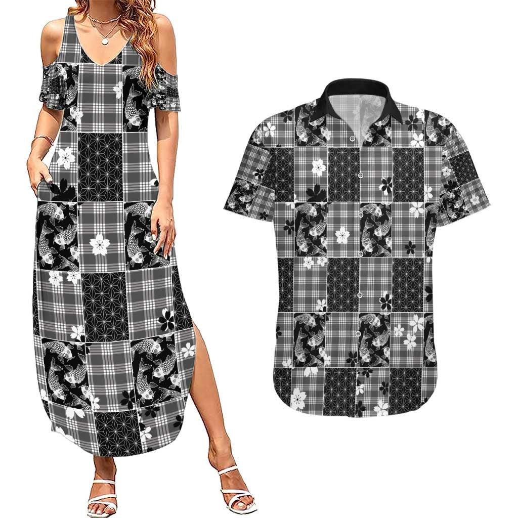 Black Palaka Japanese Patterns Couples Matching Summer Maxi Dress and Hawaiian Shirt Koi Fish Asanoha Sakura Patchwork Stylized - Polynesian Pride