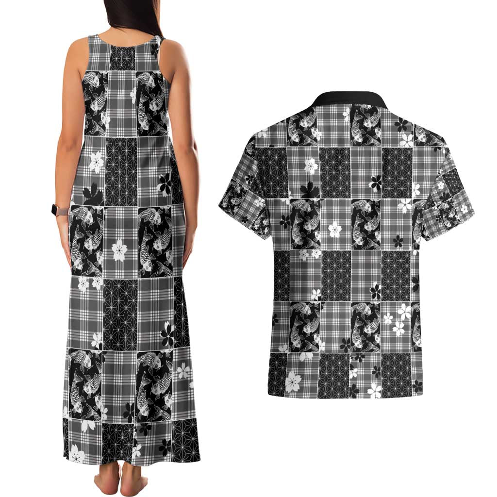 Black Palaka Japanese Patterns Couples Matching Tank Maxi Dress and Hawaiian Shirt Koi Fish Asanoha Sakura Patchwork Stylized - Polynesian Pride