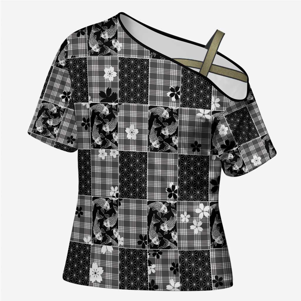 Black Palaka Japanese Patterns Cross Shoulder Shirt Koi Fish Asanoha Sakura Patchwork Stylized - Polynesian Pride