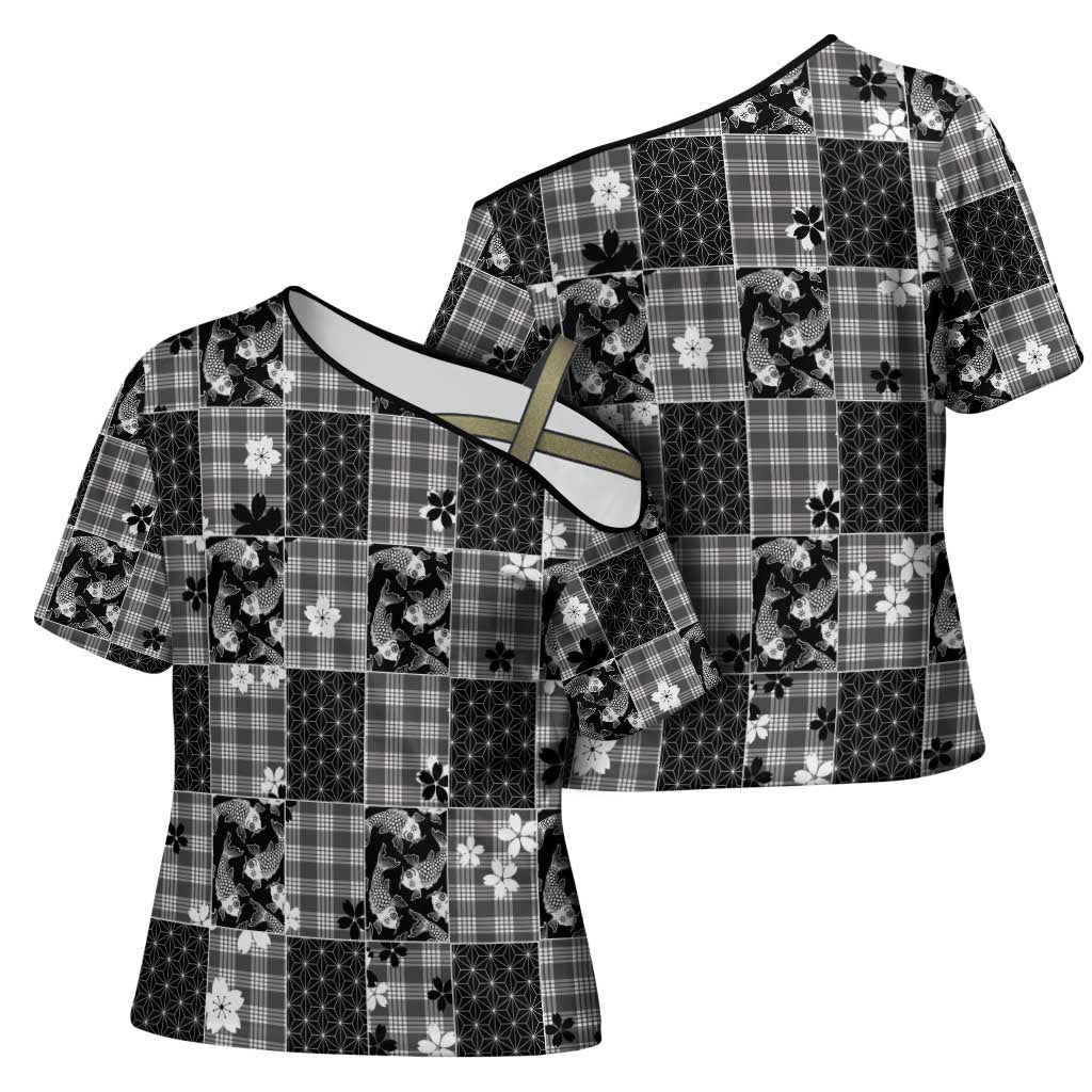 Black Palaka Japanese Patterns Cross Shoulder Shirt Koi Fish Asanoha Sakura Patchwork Stylized - Polynesian Pride
