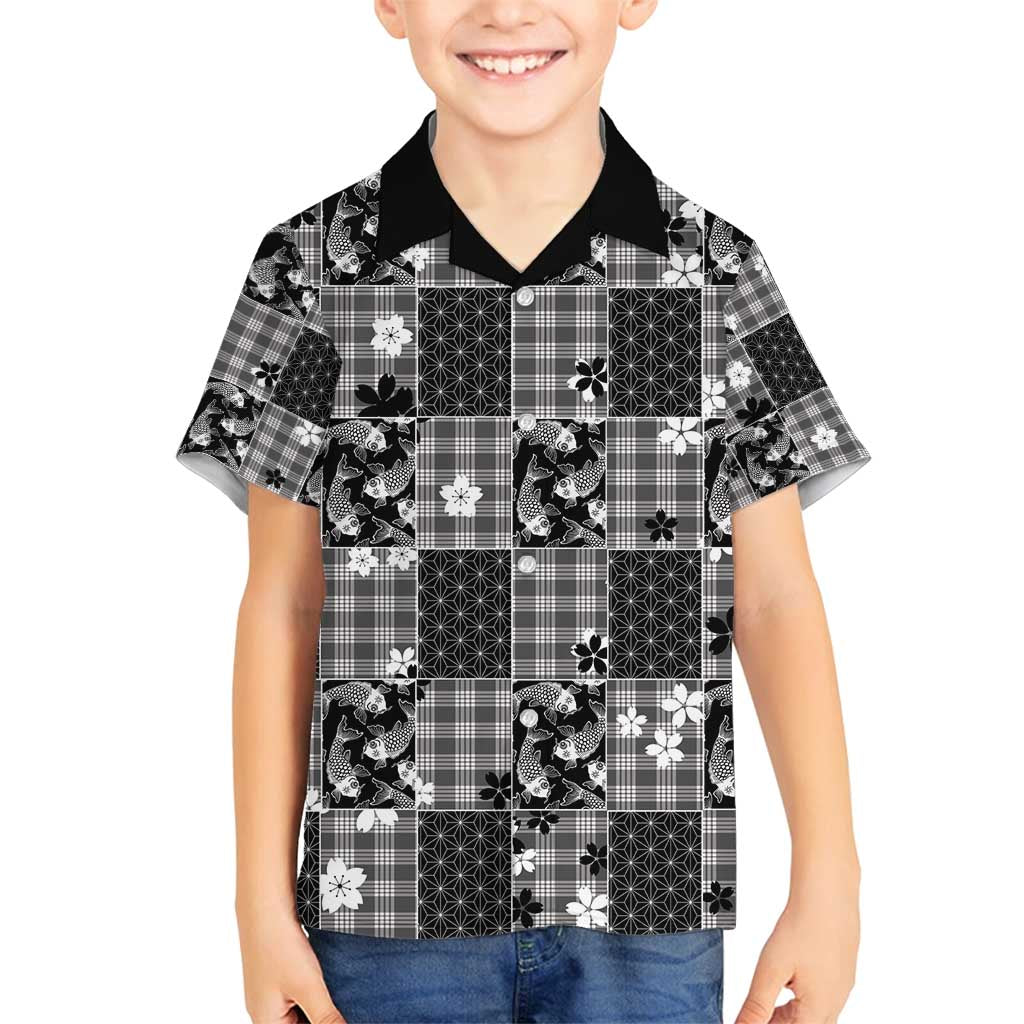 Black Palaka Japanese Patterns Family Matching Long Sleeve Bodycon Dress and Hawaiian Shirt Koi Fish Asanoha Sakura Patchwork Stylized LT14 Son's Shirt Black - Polynesian Pride