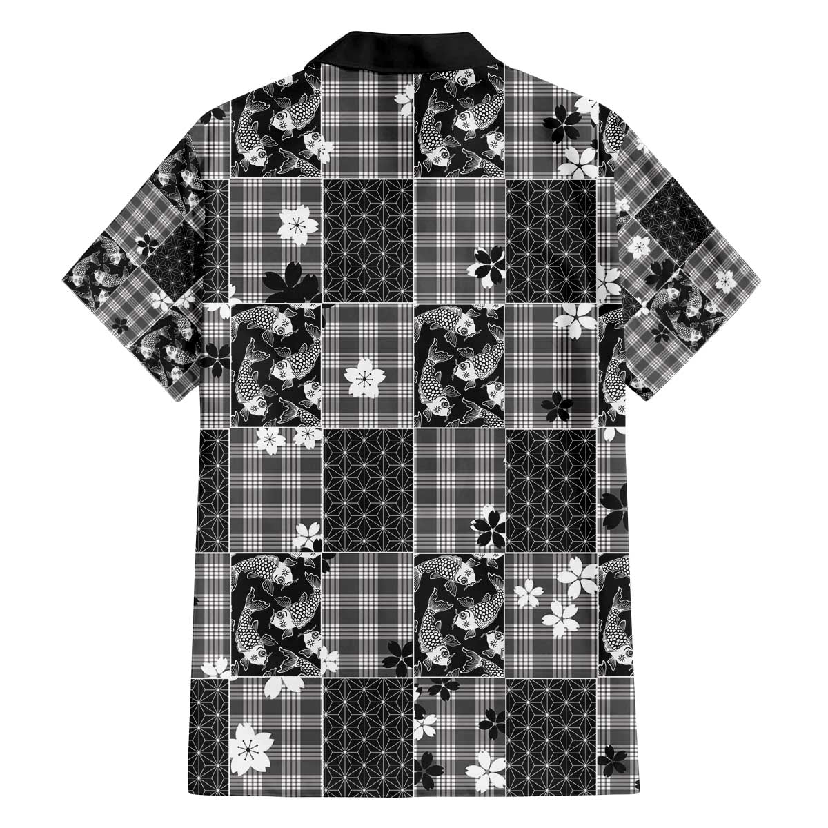Black Palaka Japanese Patterns Family Matching Off The Shoulder Long Sleeve Dress and Hawaiian Shirt Koi Fish Asanoha Sakura Patchwork Stylized - Polynesian Pride