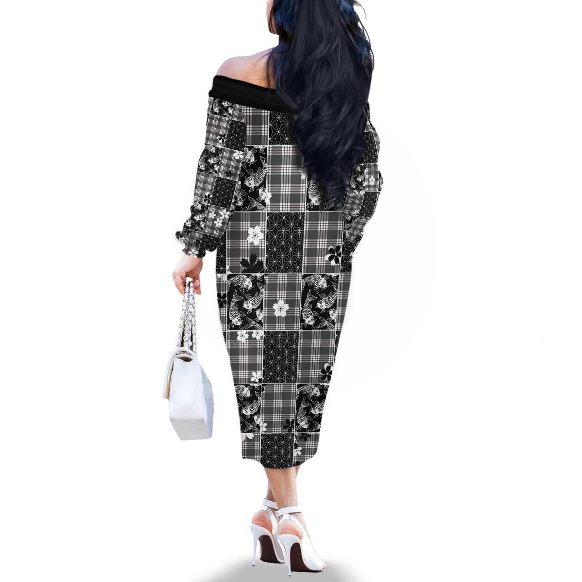 Black Palaka Japanese Patterns Family Matching Off The Shoulder Long Sleeve Dress and Hawaiian Shirt Koi Fish Asanoha Sakura Patchwork Stylized - Polynesian Pride