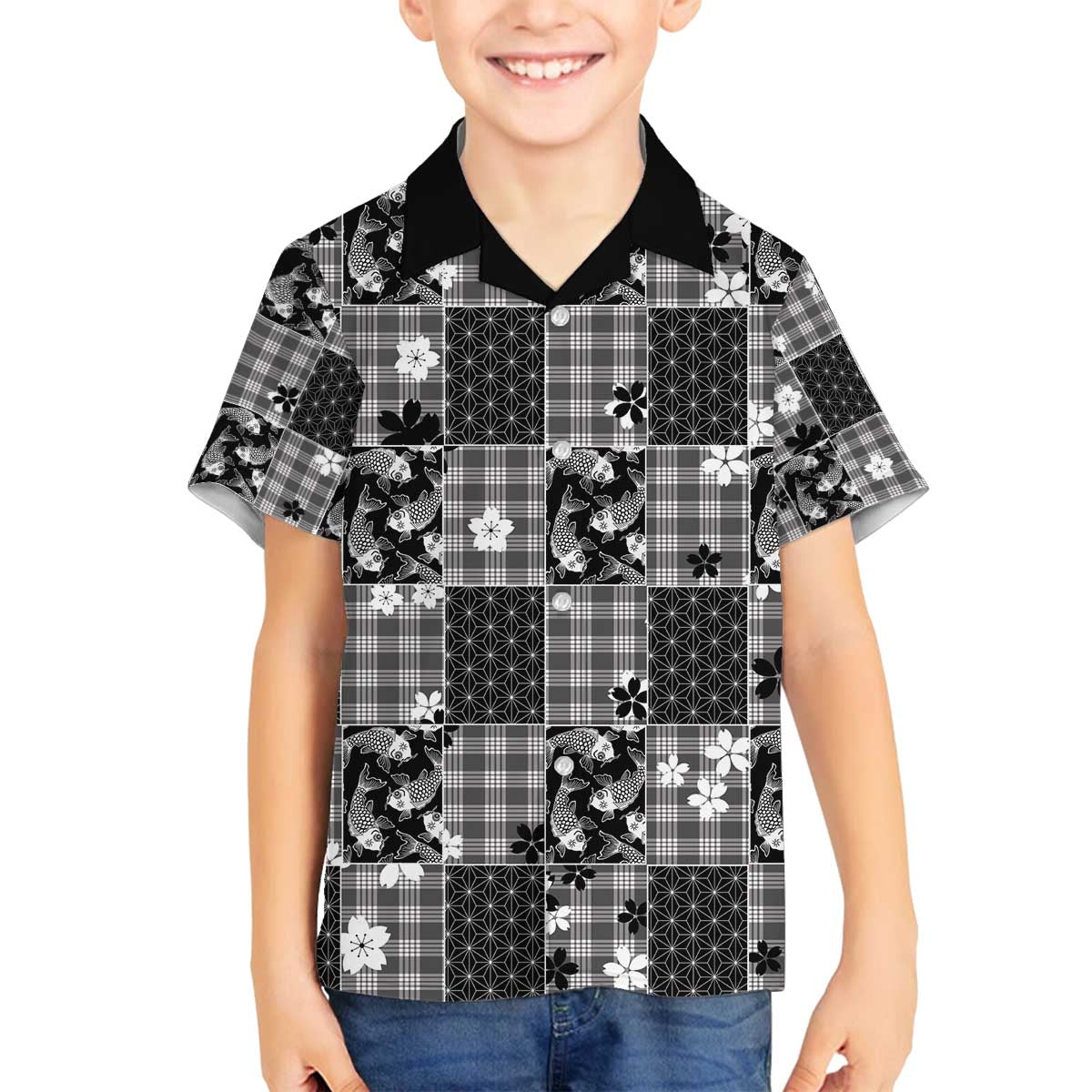 Black Palaka Japanese Patterns Family Matching Off The Shoulder Long Sleeve Dress and Hawaiian Shirt Koi Fish Asanoha Sakura Patchwork Stylized - Polynesian Pride