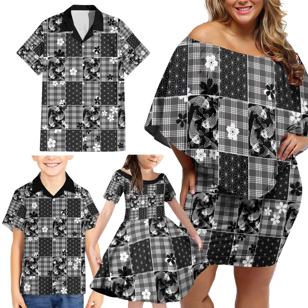 Black Palaka Japanese Patterns Family Matching Off Shoulder Short Dress and Hawaiian Shirt Koi Fish Asanoha Sakura Patchwork Stylized - Polynesian Pride