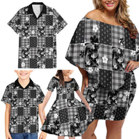 Black Palaka Japanese Patterns Family Matching Off Shoulder Short Dress and Hawaiian Shirt Koi Fish Asanoha Sakura Patchwork Stylized - Polynesian Pride