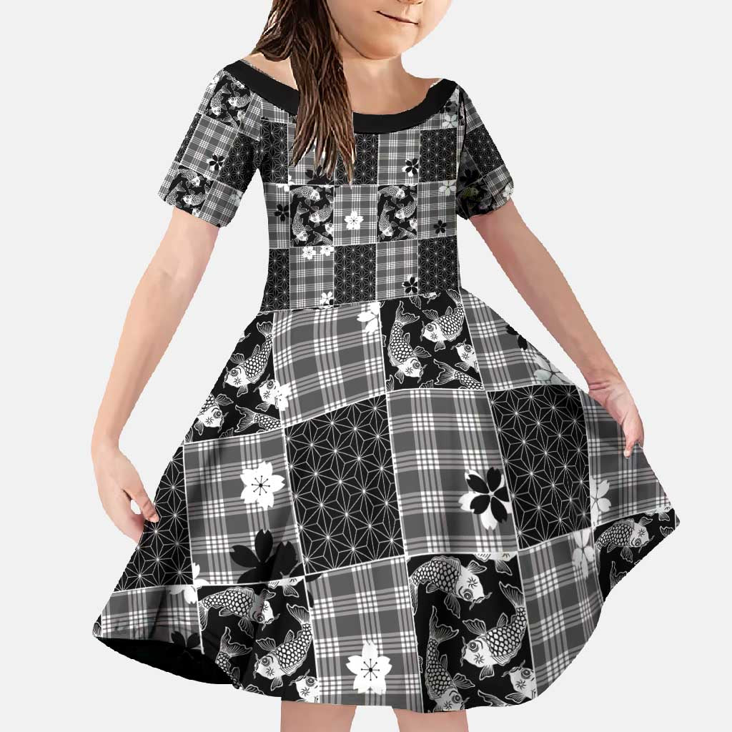 Black Palaka Japanese Patterns Family Matching Short Sleeve Bodycon Dress and Hawaiian Shirt Koi Fish Asanoha Sakura Patchwork Stylized LT14 Daughter's Dress Black - Polynesian Pride