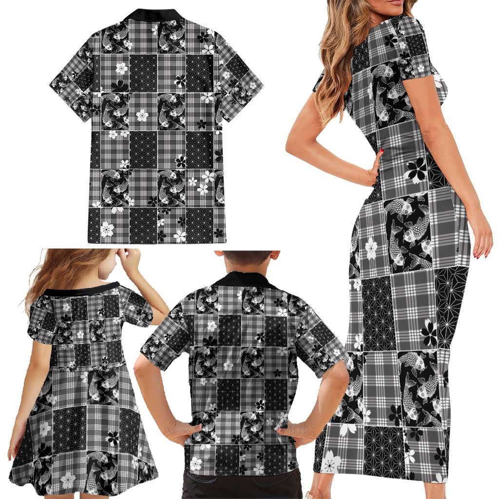 Black Palaka Japanese Patterns Family Matching Short Sleeve Bodycon Dress and Hawaiian Shirt Koi Fish Asanoha Sakura Patchwork Stylized LT14 - Polynesian Pride
