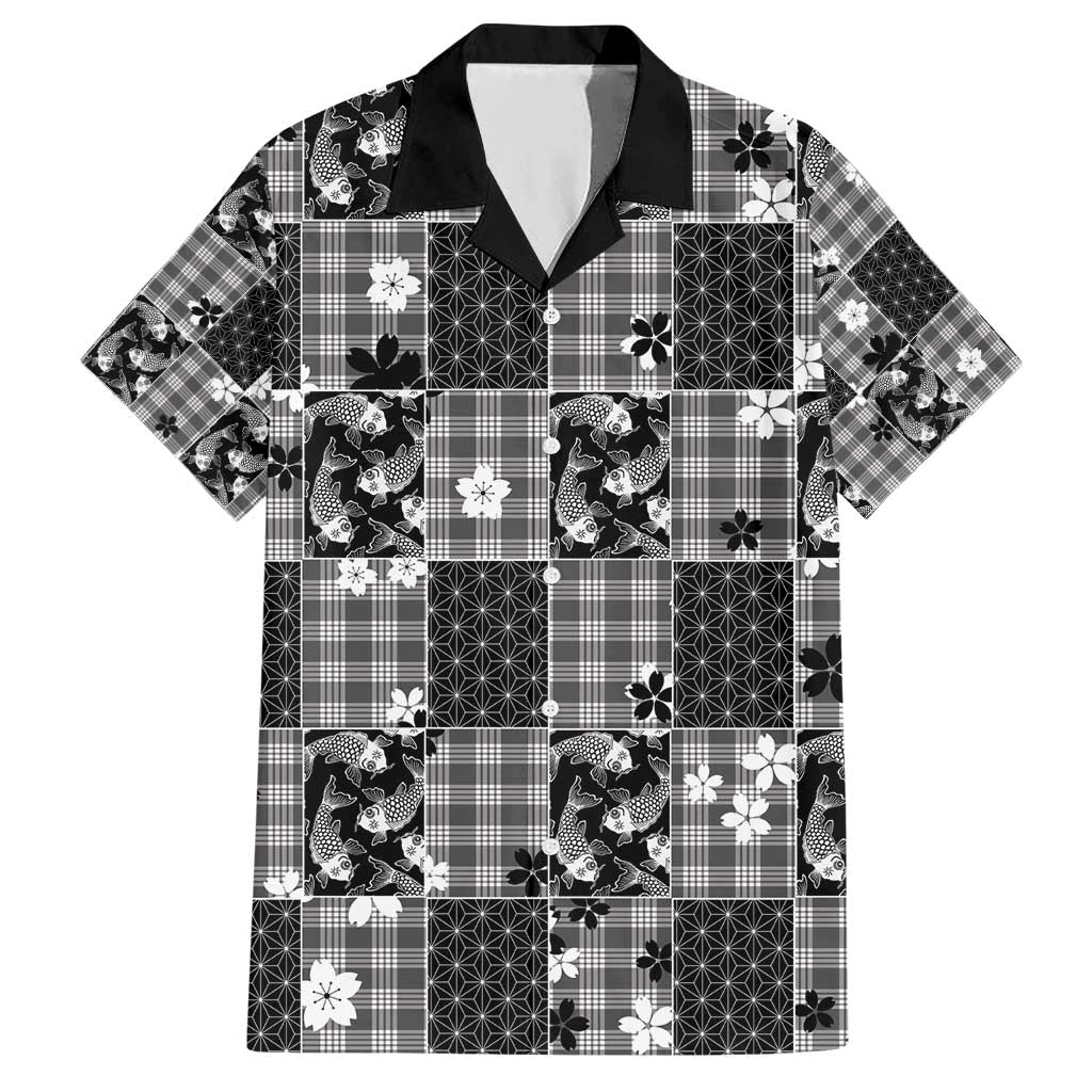 Black Palaka Japanese Patterns Family Matching Short Sleeve Bodycon Dress and Hawaiian Shirt Koi Fish Asanoha Sakura Patchwork Stylized LT14 Dad's Shirt - Short Sleeve Black - Polynesian Pride