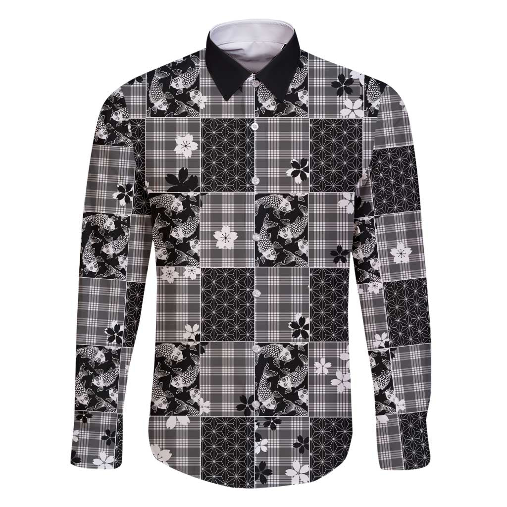 Black Palaka Japanese Patterns Family Matching Short Sleeve Bodycon Dress and Hawaiian Shirt Koi Fish Asanoha Sakura Patchwork Stylized LT14 Dad's Shirt - Long Sleeve Black - Polynesian Pride