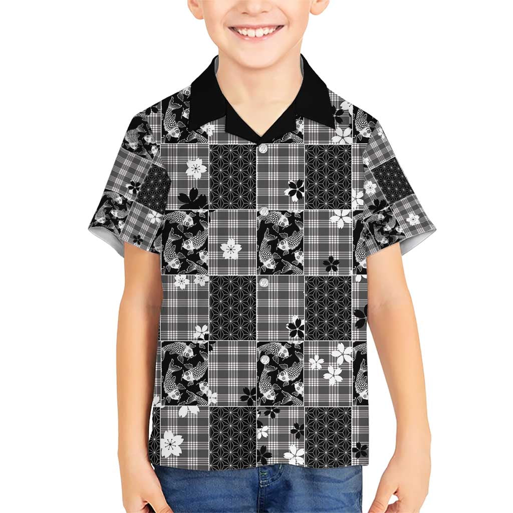 Black Palaka Japanese Patterns Family Matching Short Sleeve Bodycon Dress and Hawaiian Shirt Koi Fish Asanoha Sakura Patchwork Stylized LT14 Son's Shirt Black - Polynesian Pride