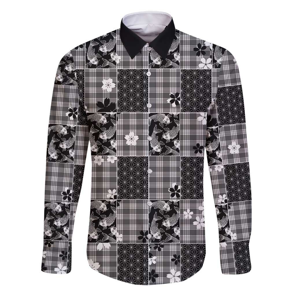 Black Palaka Japanese Patterns Family Matching Summer Maxi Dress and Hawaiian Shirt Koi Fish Asanoha Sakura Patchwork Stylized - Polynesian Pride