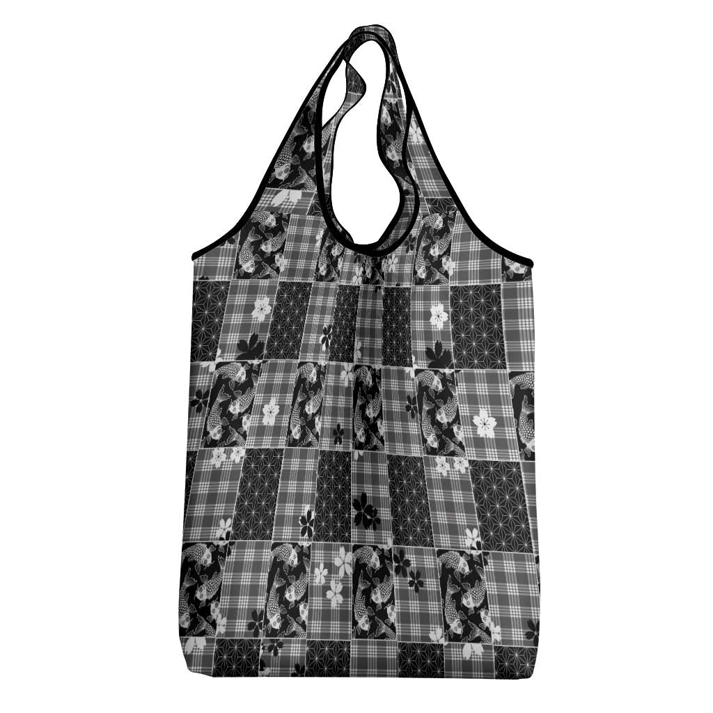 Black Palaka Japanese Patterns Grocery Bag Koi Fish Asanoha Sakura Patchwork Stylized - Polynesian Pride