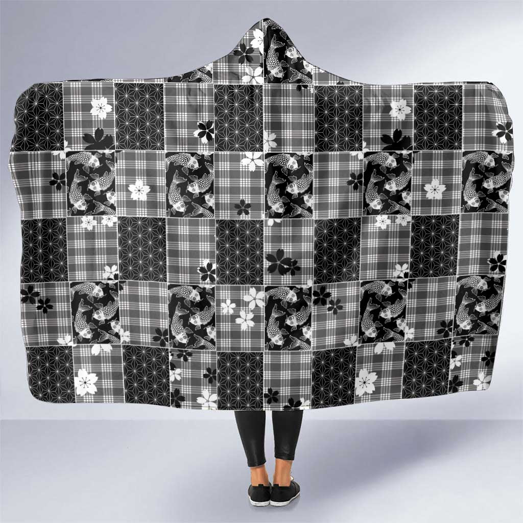 Black Palaka Japanese Patterns Hooded Blanket Koi Fish Asanoha Sakura Patchwork Stylized LT14 One Size Black - Polynesian Pride