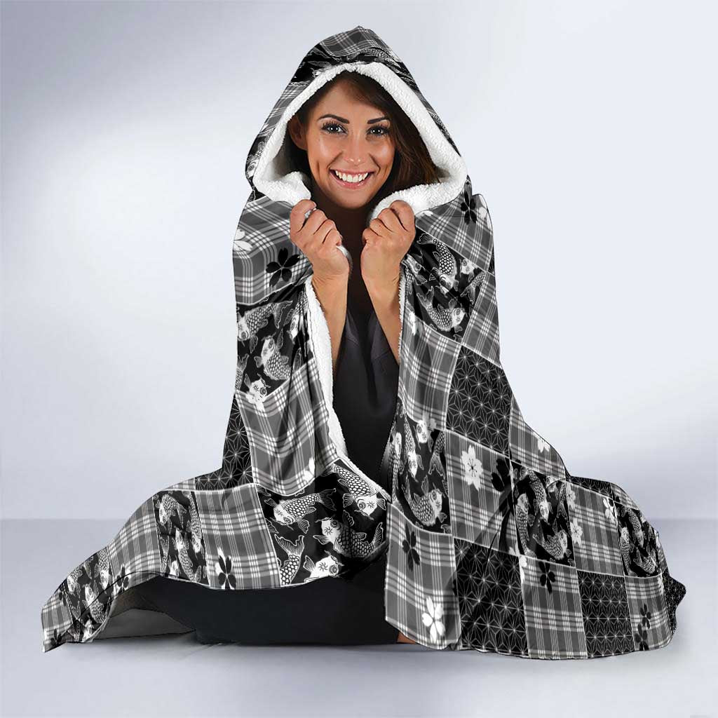 Black Palaka Japanese Patterns Hooded Blanket Koi Fish Asanoha Sakura Patchwork Stylized LT14 - Polynesian Pride