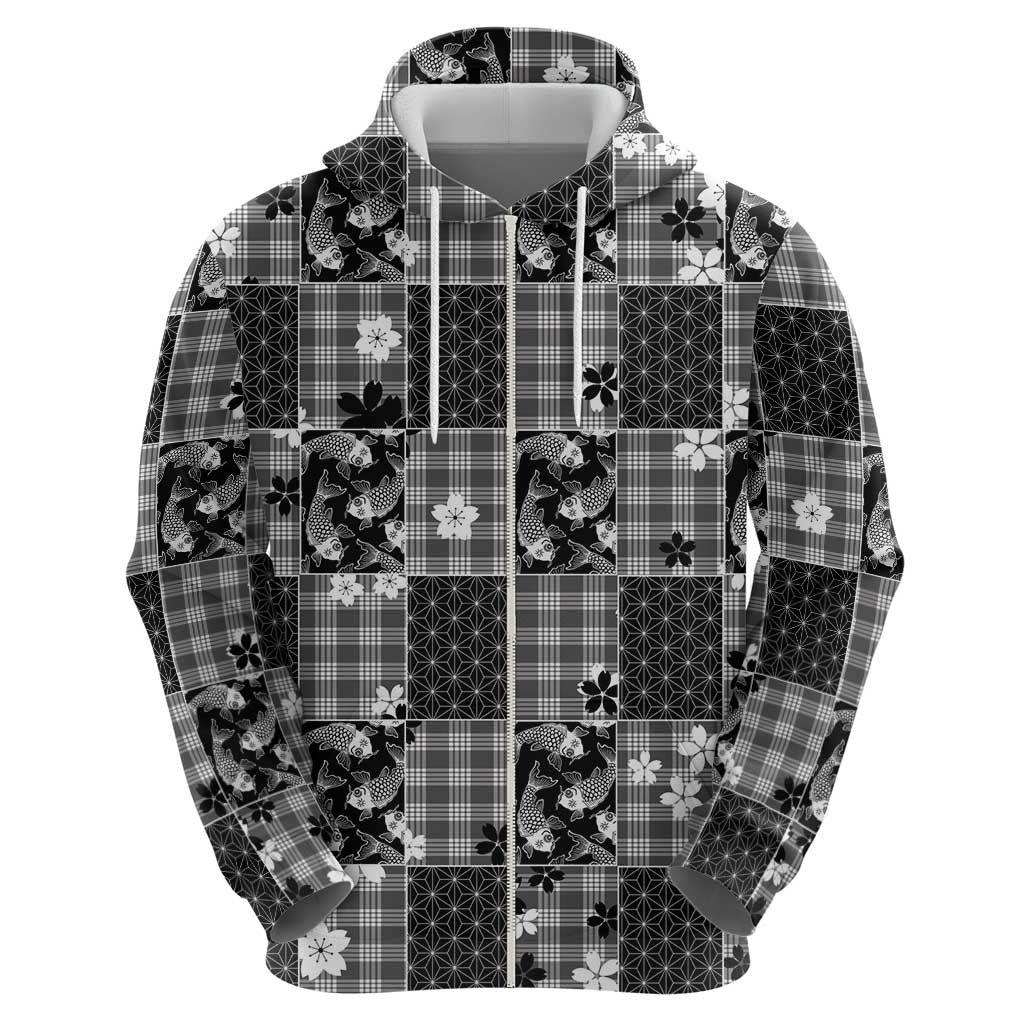 Black Palaka Japanese Patterns Hoodie Koi Fish Asanoha Sakura Patchwork Stylized - Polynesian Pride