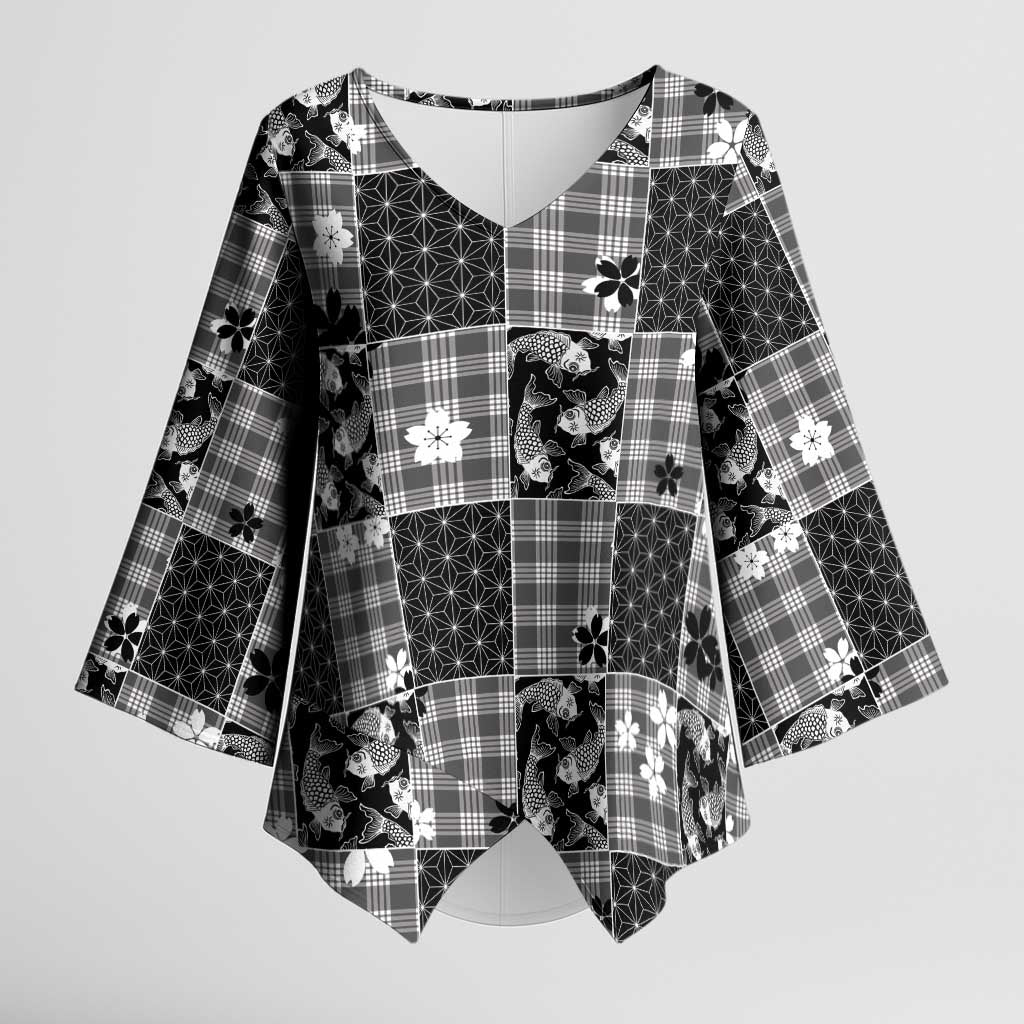 Black Palaka Japanese Patterns Kimono Sleeve Blouse Koi Fish Asanoha Sakura Patchwork Stylized - Polynesian Pride