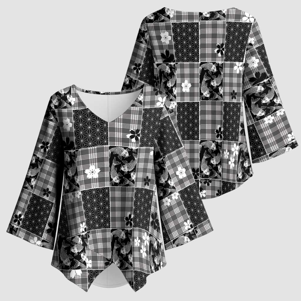 Black Palaka Japanese Patterns Kimono Sleeve Blouse Koi Fish Asanoha Sakura Patchwork Stylized - Polynesian Pride