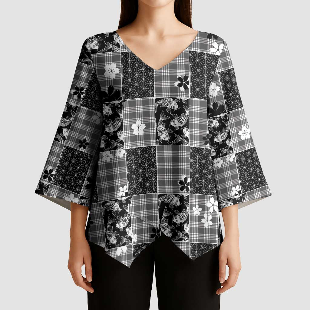 Black Palaka Japanese Patterns Kimono Sleeve Blouse Koi Fish Asanoha Sakura Patchwork Stylized - Polynesian Pride