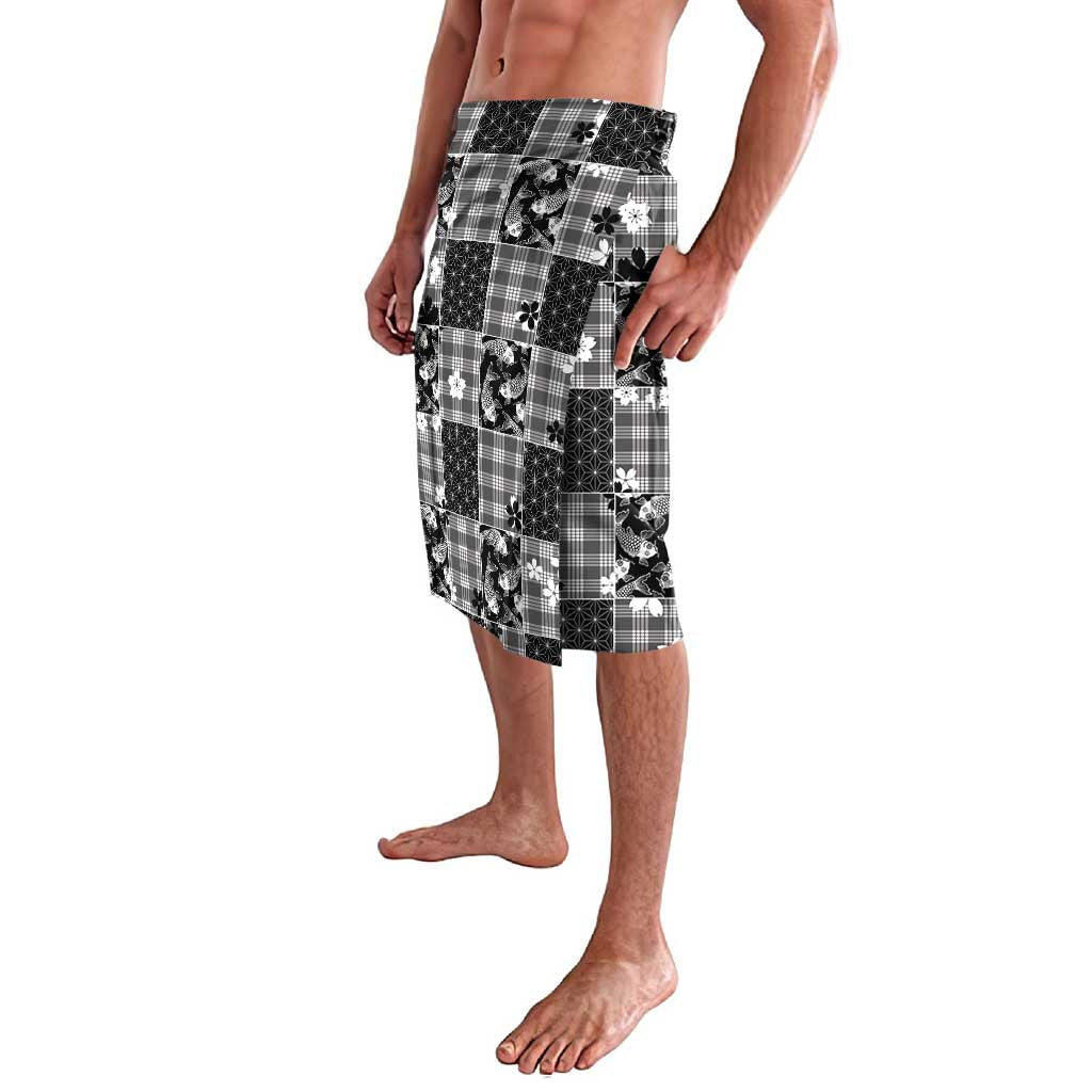 Black Palaka Japanese Patterns Lavalava Koi Fish Asanoha Sakura Patchwork Stylized - Polynesian Pride