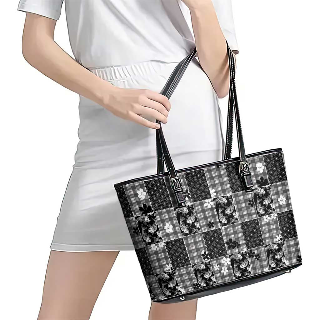 Black Palaka Japanese Patterns Leather Tote Bag Koi Fish Asanoha Sakura Patchwork Stylized LT14 - Polynesian Pride