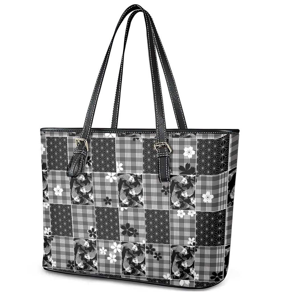 Black Palaka Japanese Patterns Leather Tote Bag Koi Fish Asanoha Sakura Patchwork Stylized LT14 - Polynesian Pride