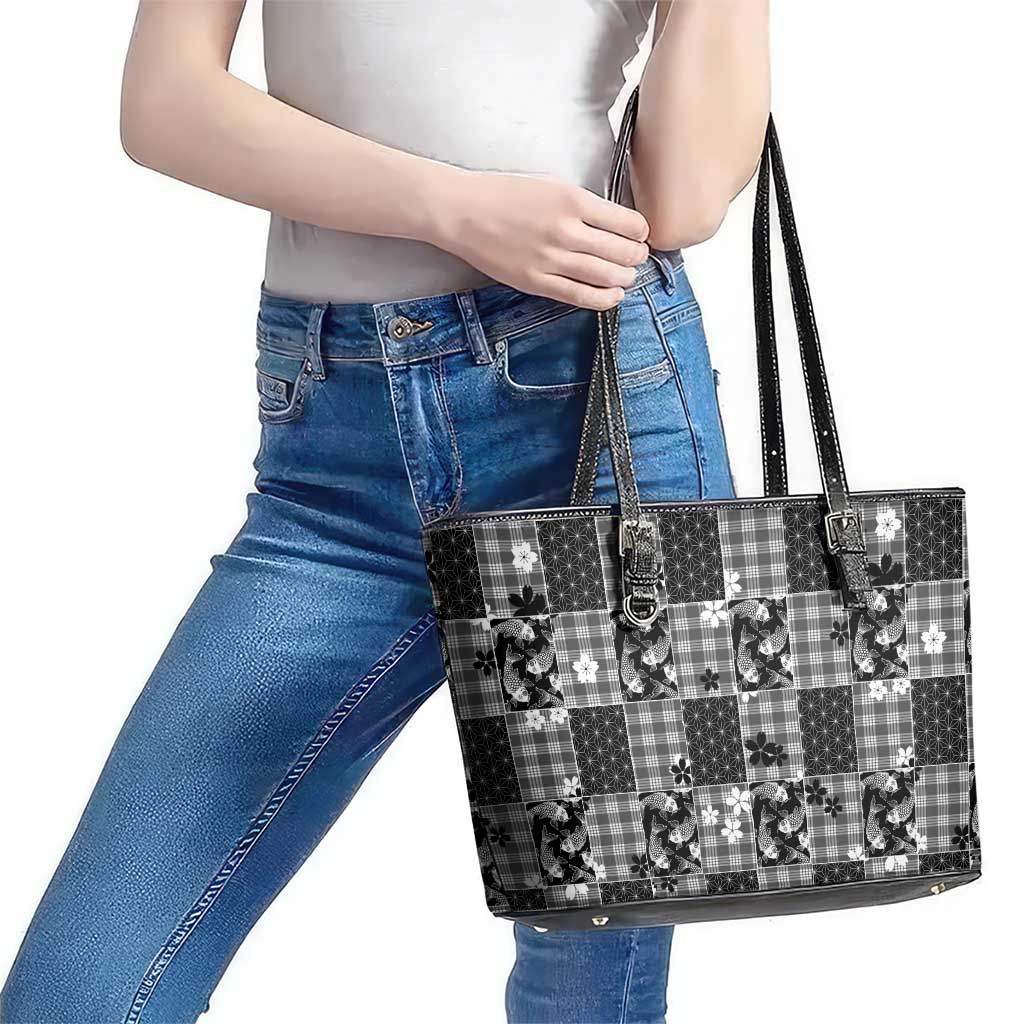 Black Palaka Japanese Patterns Leather Tote Bag Koi Fish Asanoha Sakura Patchwork Stylized LT14 - Polynesian Pride