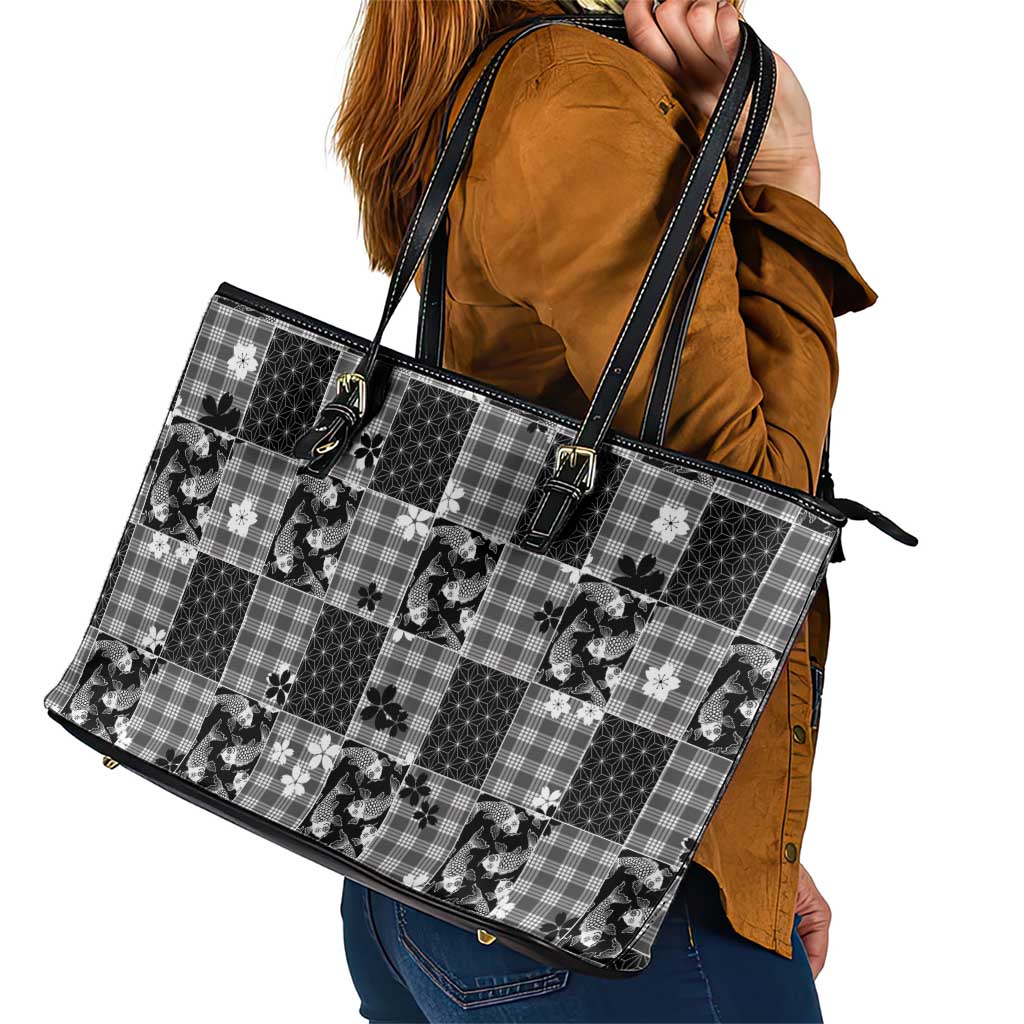 Black Palaka Japanese Patterns Leather Tote Bag Koi Fish Asanoha Sakura Patchwork Stylized LT14 - Polynesian Pride