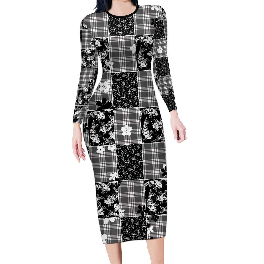 Black Palaka Japanese Patterns Long Sleeve Bodycon Dress Koi Fish Asanoha Sakura Patchwork Stylized LT14 Long Dress Black - Polynesian Pride