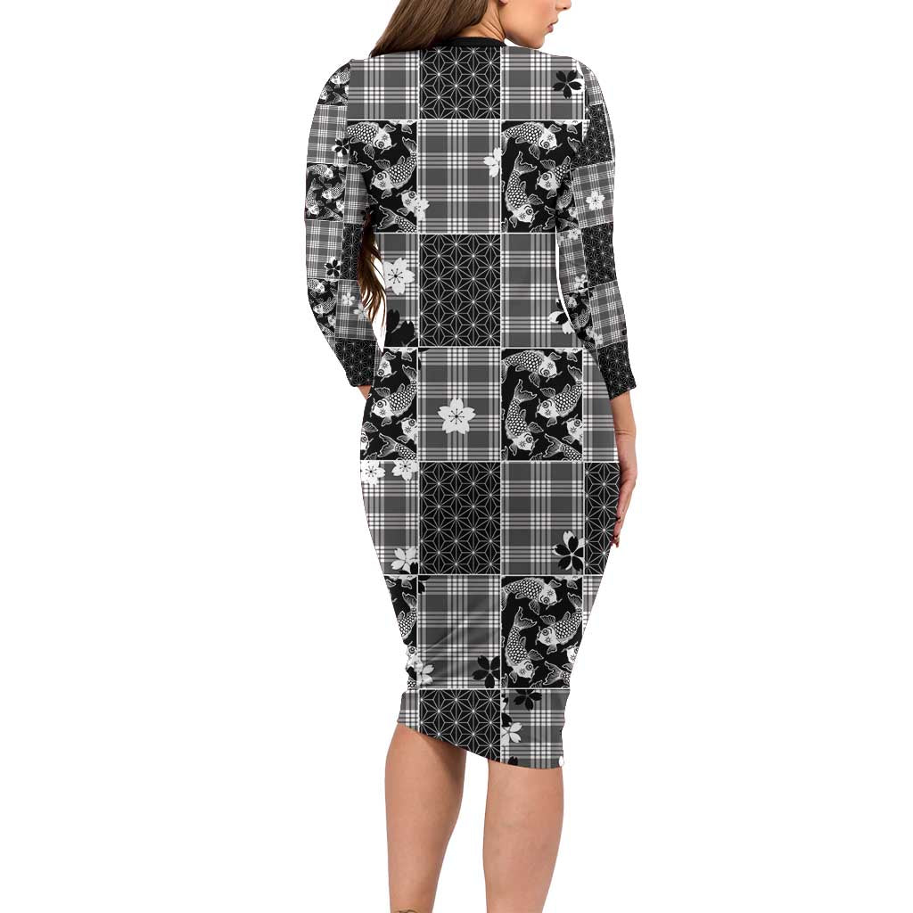 Black Palaka Japanese Patterns Long Sleeve Bodycon Dress Koi Fish Asanoha Sakura Patchwork Stylized LT14 - Polynesian Pride