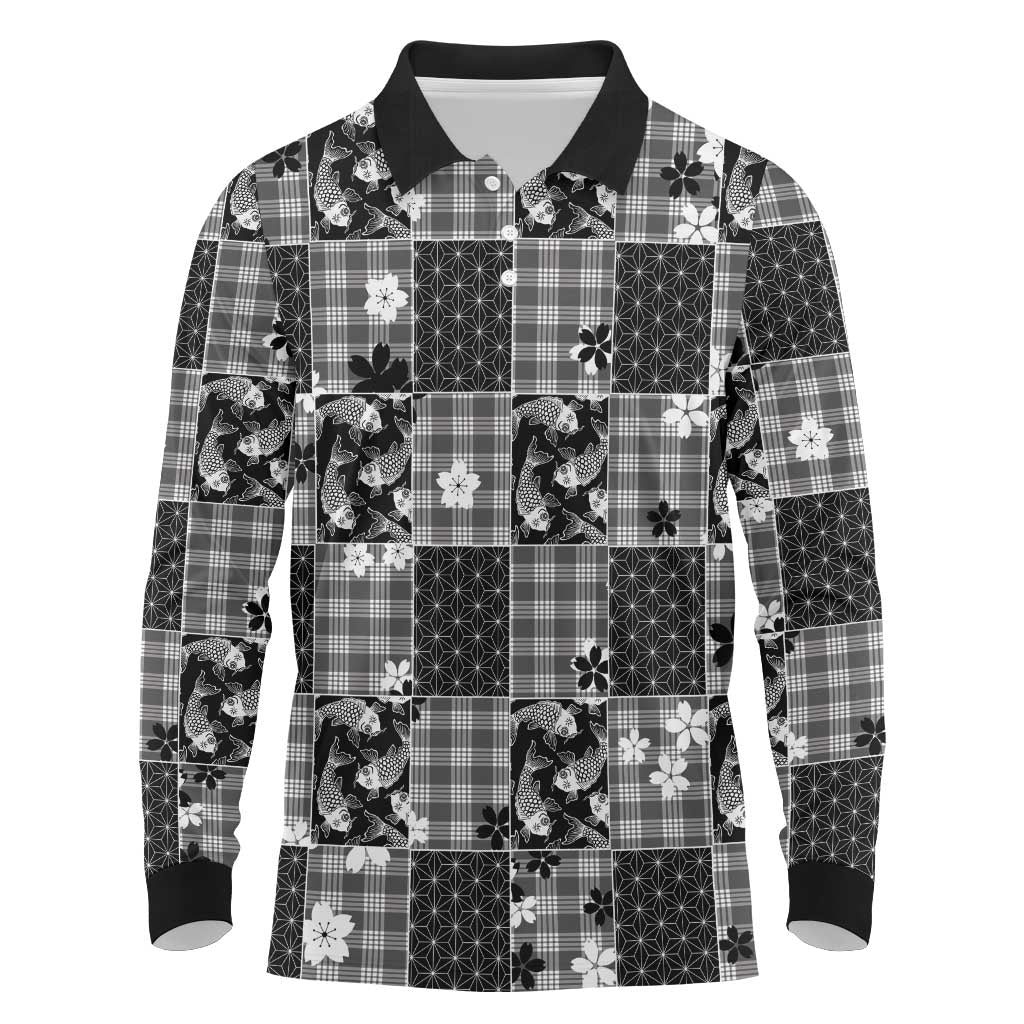 Black Palaka Japanese Patterns Long Sleeve Polo Shirt Koi Fish Asanoha Sakura Patchwork Stylized - Polynesian Pride