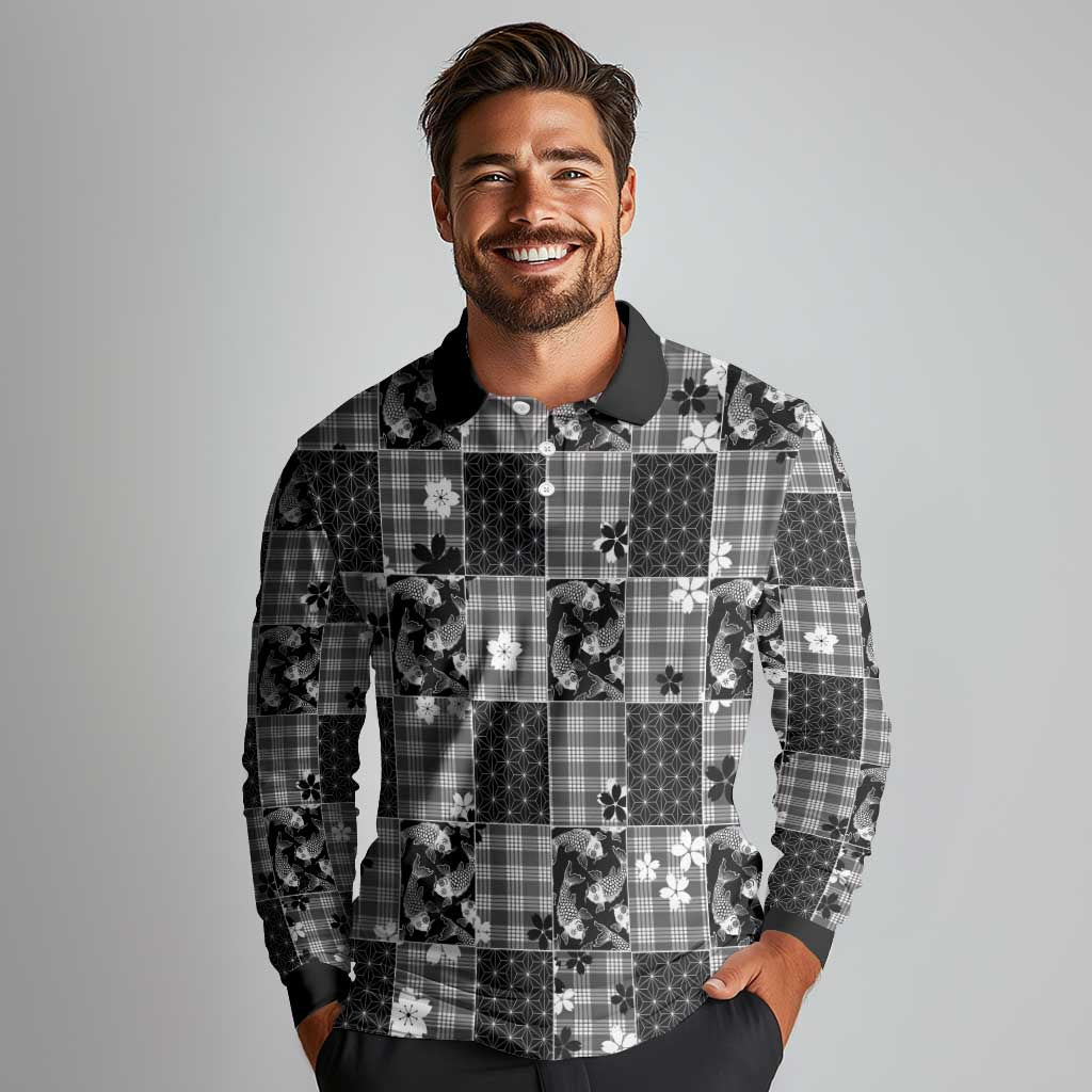 Black Palaka Japanese Patterns Long Sleeve Polo Shirt Koi Fish Asanoha Sakura Patchwork Stylized - Polynesian Pride
