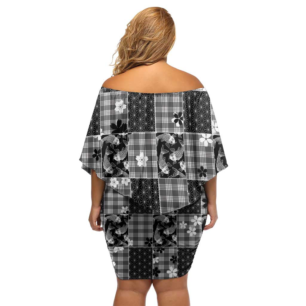 Black Palaka Japanese Patterns Off Shoulder Short Dress Koi Fish Asanoha Sakura Patchwork Stylized - Polynesian Pride