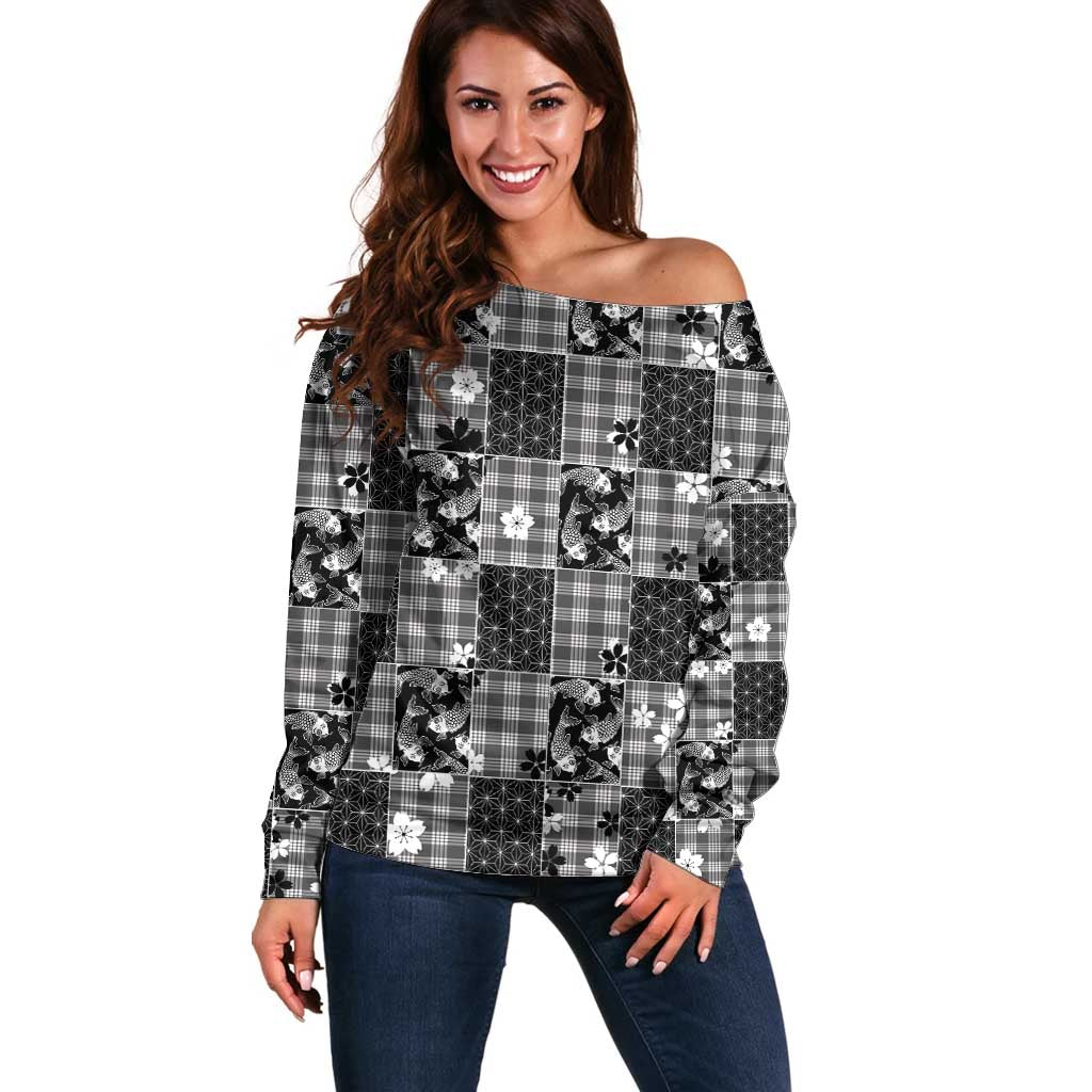 Black Palaka Japanese Patterns Off Shoulder Sweater Koi Fish Asanoha Sakura Patchwork Stylized LT14 Women Black - Polynesian Pride
