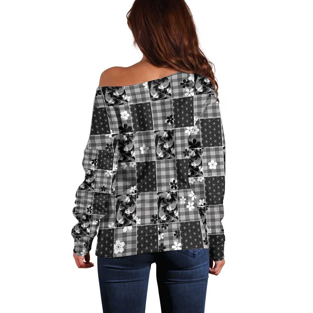 Black Palaka Japanese Patterns Off Shoulder Sweater Koi Fish Asanoha Sakura Patchwork Stylized LT14 - Polynesian Pride