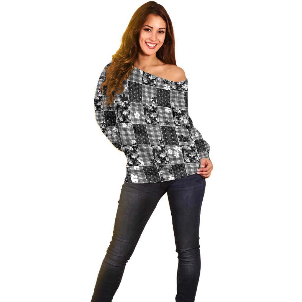 Black Palaka Japanese Patterns Off Shoulder Sweater Koi Fish Asanoha Sakura Patchwork Stylized LT14 - Polynesian Pride