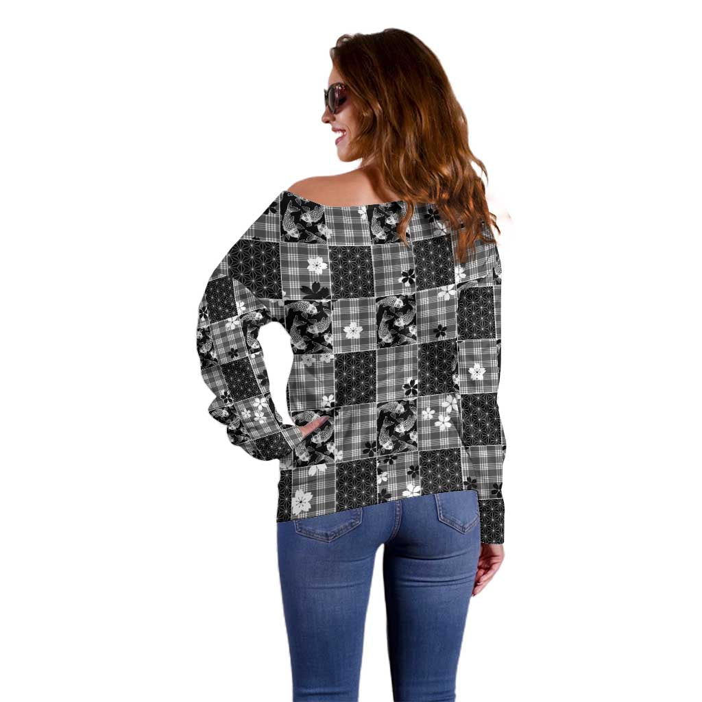 Black Palaka Japanese Patterns Off Shoulder Sweater Koi Fish Asanoha Sakura Patchwork Stylized LT14 - Polynesian Pride