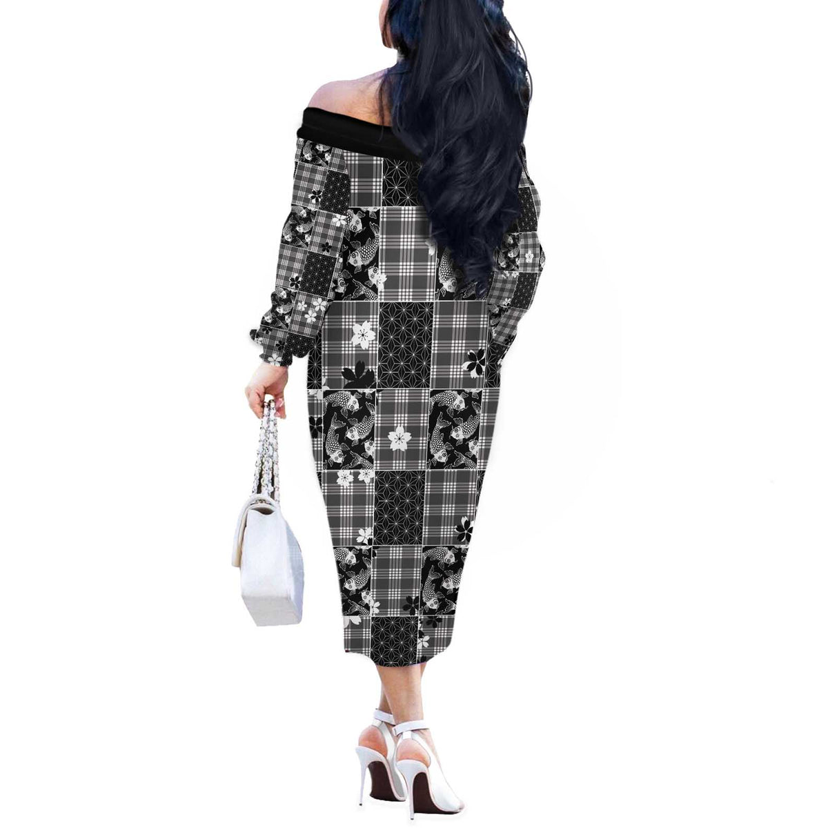 Black Palaka Japanese Patterns Off The Shoulder Long Sleeve Dress Koi Fish Asanoha Sakura Patchwork Stylized LT14 - Polynesian Pride