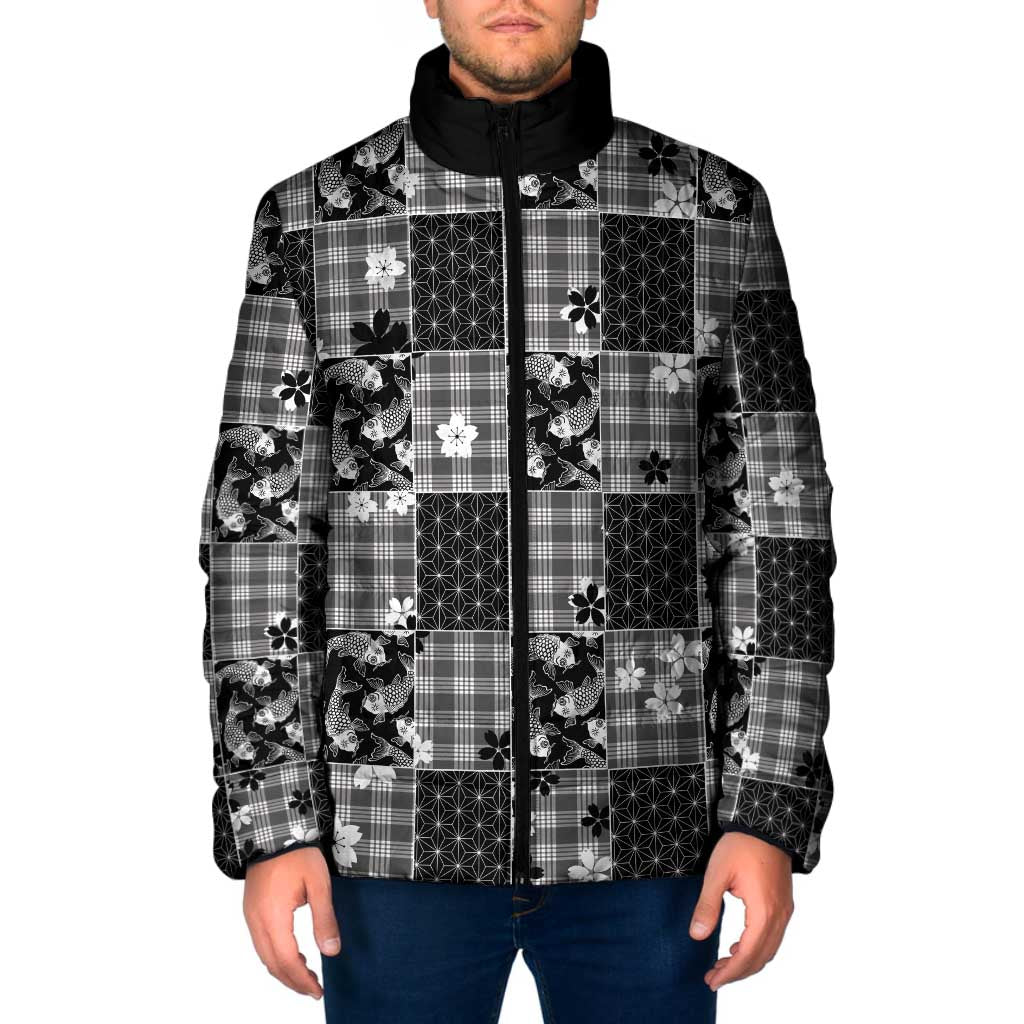 Black Palaka Japanese Patterns Padded Jacket Koi Fish Asanoha Sakura Patchwork Stylized - Polynesian Pride